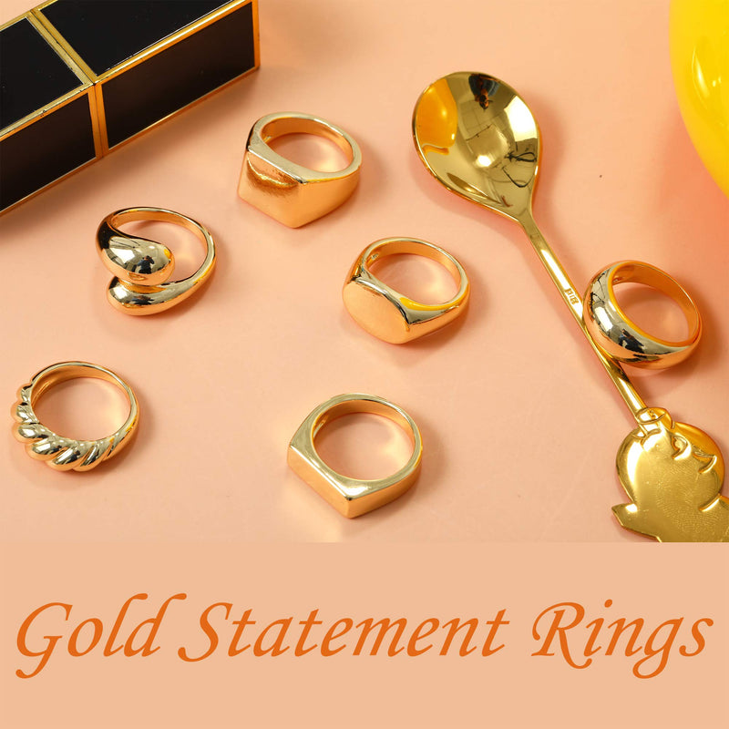 [Australia] - FUNEIA 6Pcs Thick Dome Chunky Rings for Women Men 18K Gold Plated Round Signet Rings Braided Twisted Signet Statement Ring Size 5-9 