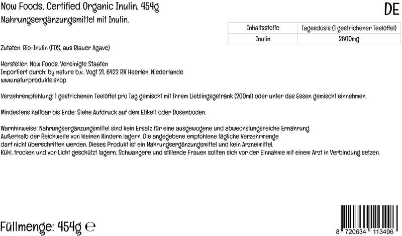 [Australia] - Now Foods, Certified Organic Inulin (Organic Inulin) from Blue Agave, Dietary Fibre, 454g Vegan Powder, Lab-Tested, Soy Free, Gluten Free, Non-GMO, Vegetarian 