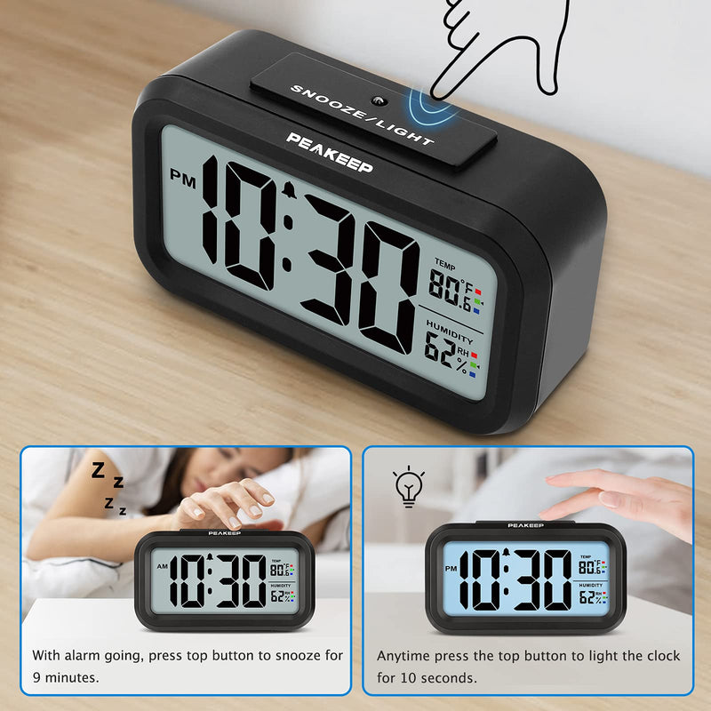 [Australia] - Peakeep Alarm Clock Battery Operated - Indoor Temperature Humidity Digital Display for Bedrooms, Smart Night Light, Small Easy Desk Bedside Gifts Clock Black 1 