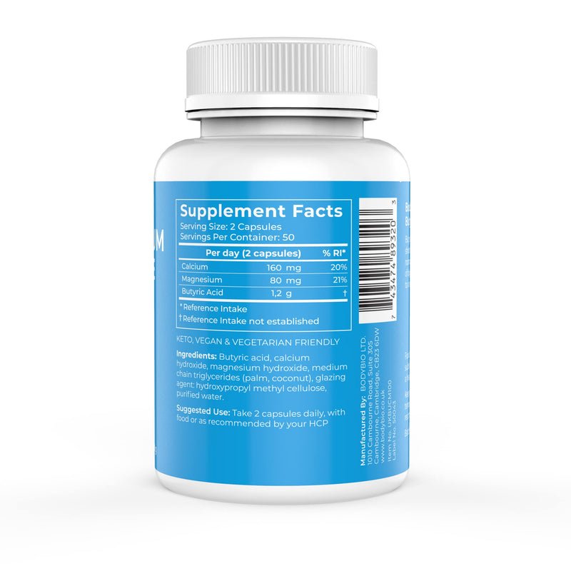 [Australia] - BodyBio Postbiotic - Butyrate Supplement | Butyric Acid + Calcium + Magnesium | Highly Bioavailable | No Fillers | No Additives | Vegetarian-friendly | 100 Capsules 100 Count (Pack of 1) 