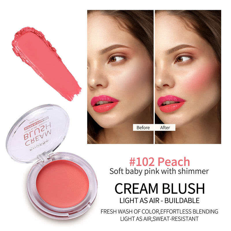 [Australia] - PHOERA Face Cheek Blush Cream Anglicolor Perfect Makeup Cream Blush Cheekcolor, Long-Wear, Matte, Bold, Lightweight, Blends Easily, Contours Cheeks (102#Peach) 102#Peach 