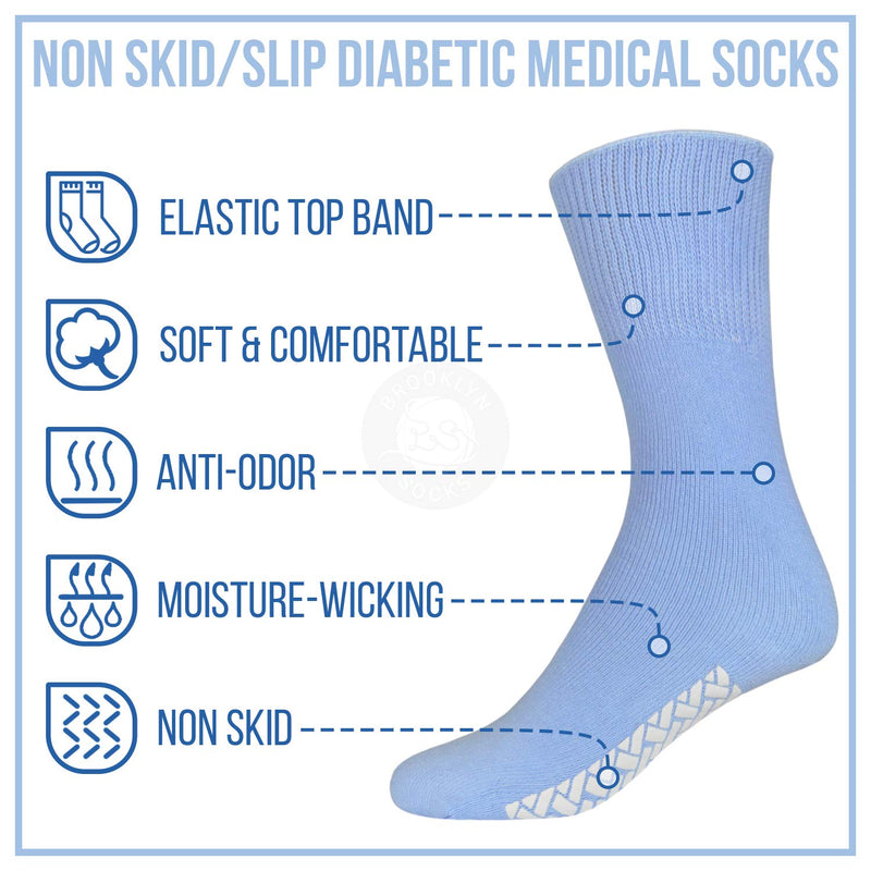 [Australia] - 6 Pairs of Womens Diabetic Non Skid/Slip Medical Cotton Quarter Crew Length Socks, Rubber Gripper Bottom Hospital Fit's Shoe Size 6-9 
