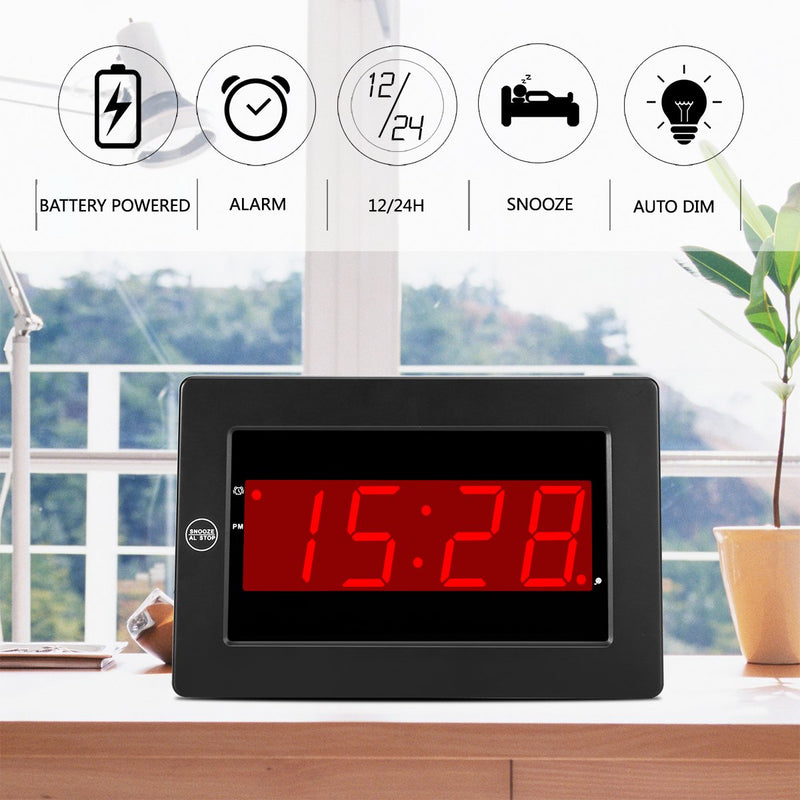 [Australia] - Timegyro Digital Wall Clock LED Alarm Clock Battery Powered Only with Snooze,12/24H,Auto Dim,Brightness Adjustable Functions(Black) 