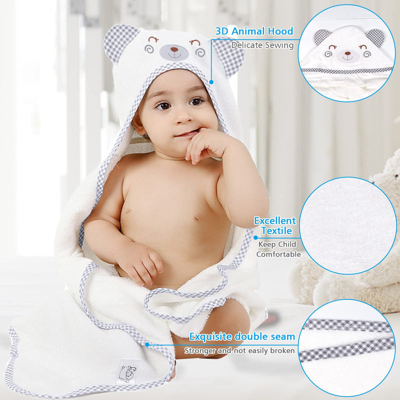 [Australia] - ABirdon Hooded Baby Bath Towel with Washcloth, Organic Bamboo Fiber, Absorbent, Cute Bear Ear Design, White Soft Breathable Baby Shower Towel for Newborn and Kids 0-3 Years Old, Grey Bear, 90 x 90cm White 2 