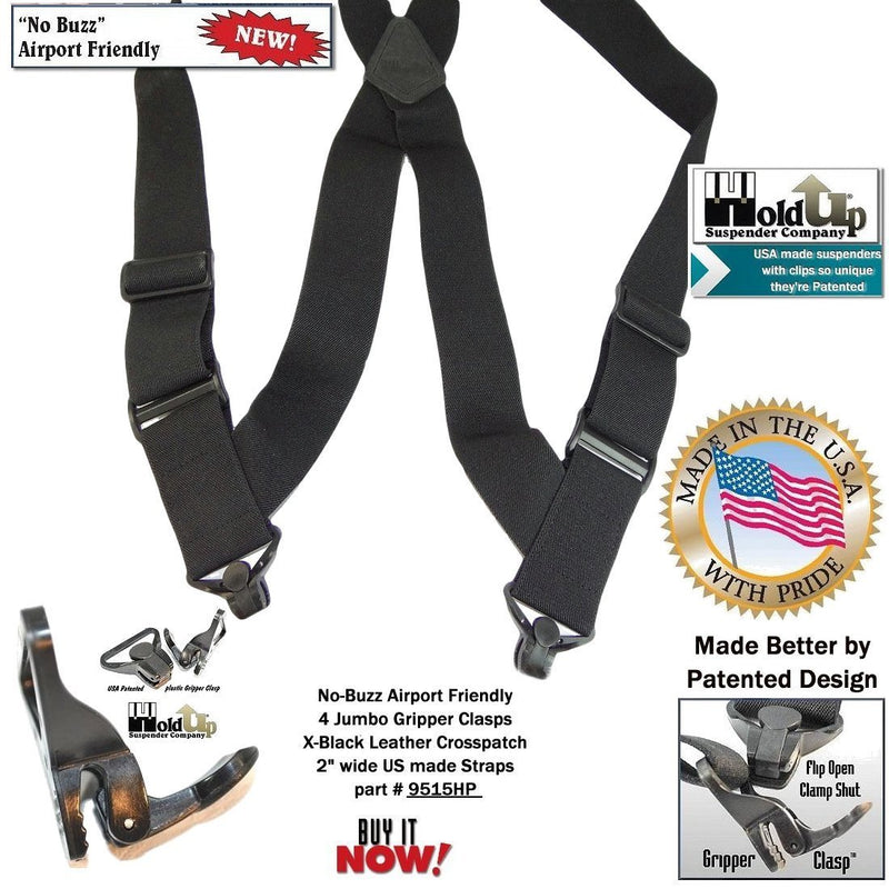 [Australia] - Airport Friendly Holdup Brand No-buzz Black 2" wide Hip Clip Suspenders with patented Jumbo Composite Plastic Gripper Clasps 