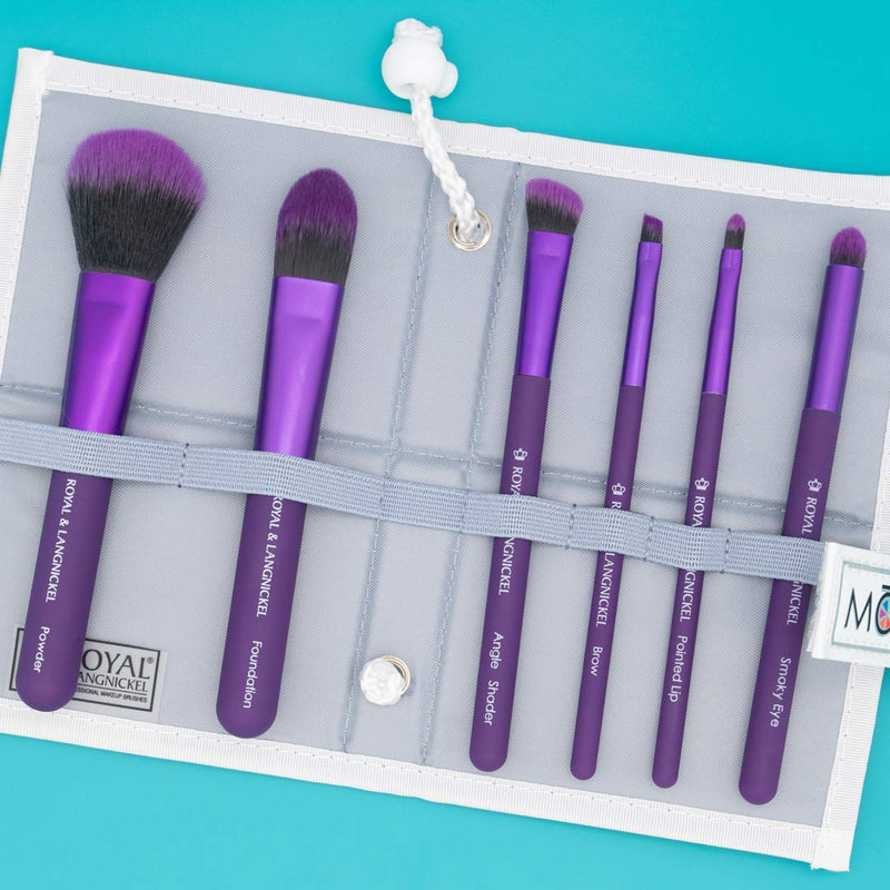 [Australia] - MODA Travel Size Total Face Makeup Brush Set with Pouch, Includes - Powder, Foundation, Angle Shader, Smokey Eye, Brow Liner and Pointed Lip Brushes (Purple) Purple 