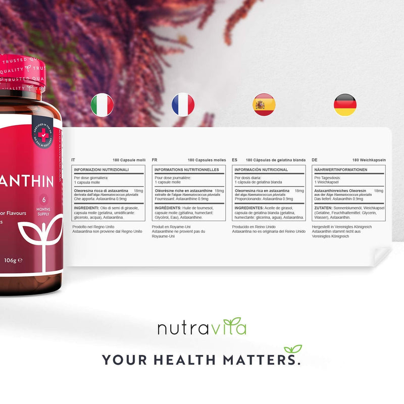 [Australia] - Astaxanthin 18mg 5% Oil – 180 Softgels (6 Month Supply) – Natural Astaxanthin Rich Oleoresin from Haematococcus Pluvialis - Made in The UK by Nutravita 