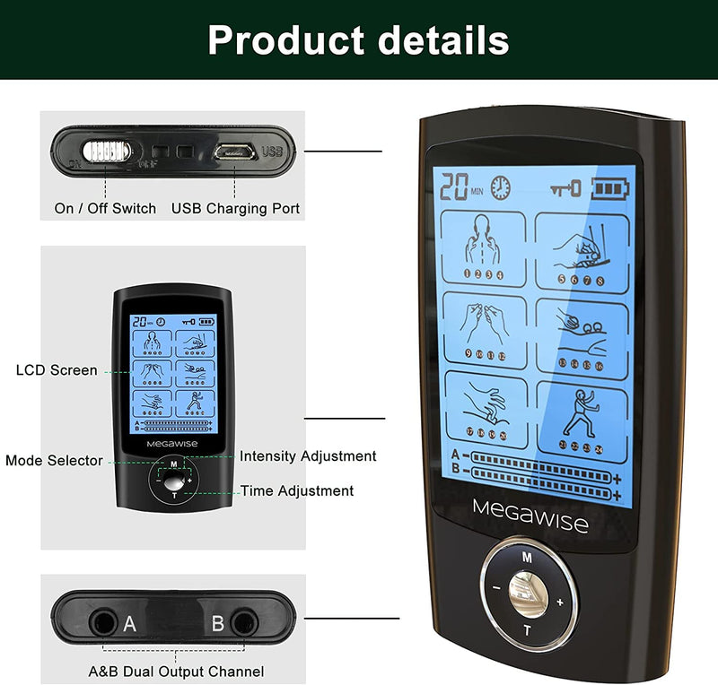 [Australia] - MegaWise 48 Modes（24 * 2） Dual Channel EMS TENS Unit Muscle Stimulator with 14Pcs Reusable Electrode Pads. Rechargeable Continuous Mode Electronic Pulse Massager with Storage Pouch/Pads Holder 