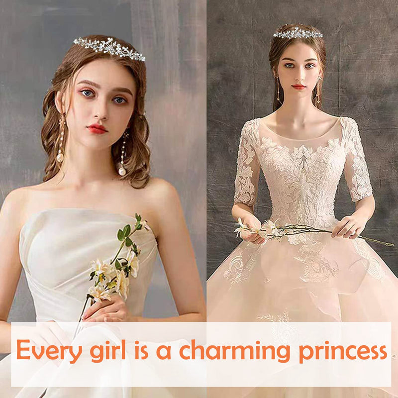 [Australia] - Flower Rhinestone Pearls Crowns Headband, Silver Crystal Bridal Crown Tiara for Girls Women Luxury Princess Hairband Headwear Wedding Prom Birthday Tiara Cosplay Party Costumes Hair Accessories 