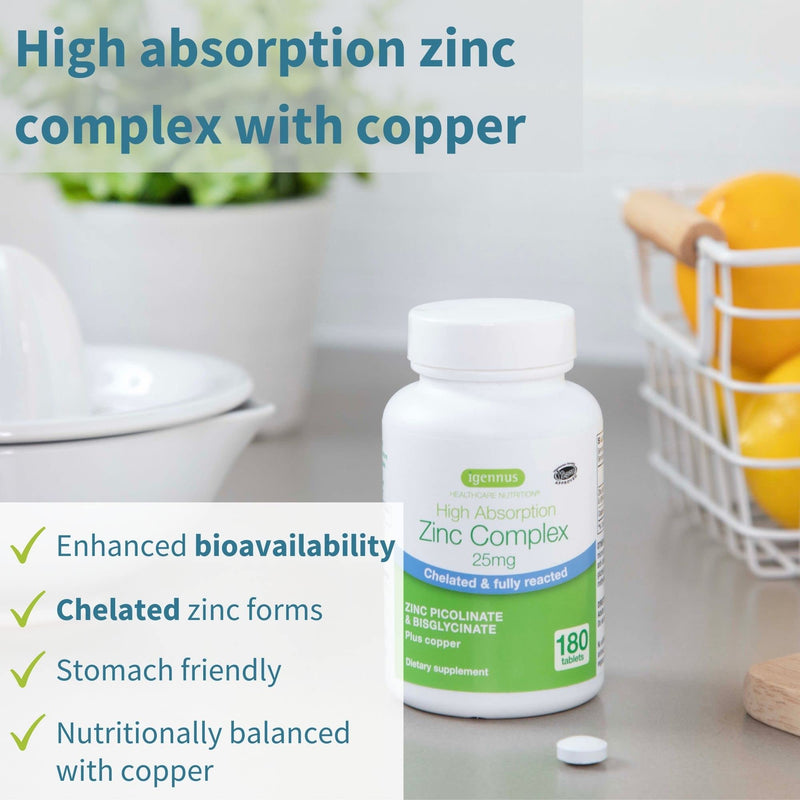 [Australia] - High Absorption Zinc 25mg & Copper Supplement, Clean Ingredients, 180 Vegan Tablets, Chelated Zinc Picolinate & Bisglycinate, One-a-Day, 180 Servings, by Igennus 