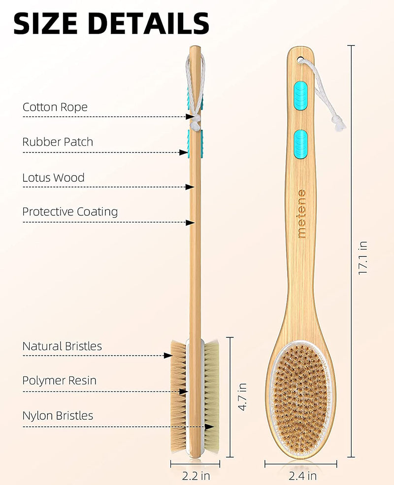 [Australia] - Metene Back Scrubber for Shower, Shower Brush for Exfoliating Skin and A Soft Scrub, Double-sided Body Brush Head for Wet or Dry Brushing, Long Wooden Handle Cleans the Body Easily 