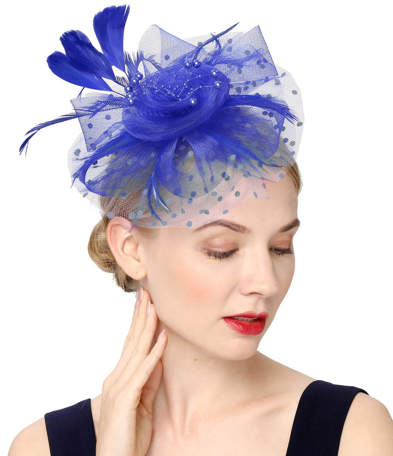 [Australia] - Fascinators Hat for Women Tea Party Headband Kentucky Derby Wedding Flower Cocktail Mesh Feathers Hair Clip 1-royal Blue 