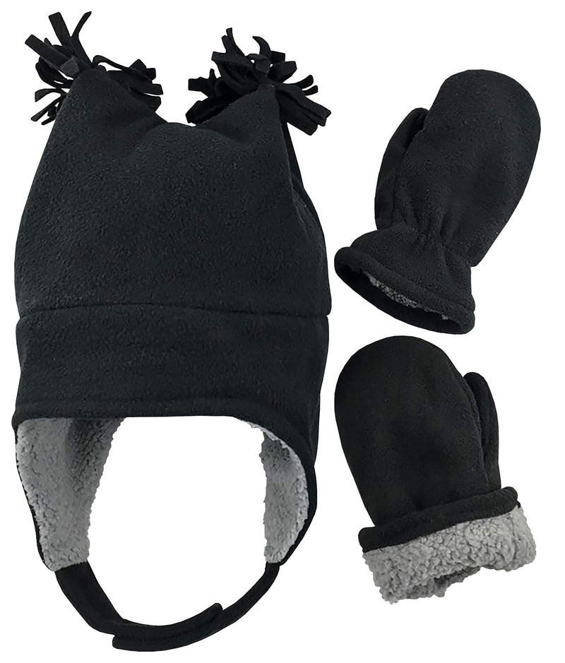 [Australia] - N'Ice Caps Little Boys and Baby Sherpa Lined Warm Fleece Winter Hat Mitten Set Black Eco Recycled Fabric 2-3 Years 