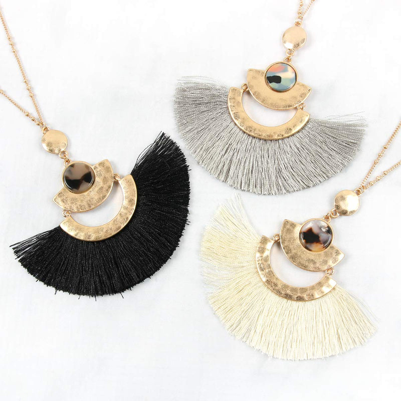 [Australia] - RIAH FASHION Bohemian Fan Tassel Pendant Statement Necklace - Silky Thread Strand Fringe Semi Circle Marquise Charm Long Chain Fan Tassel - Mint 