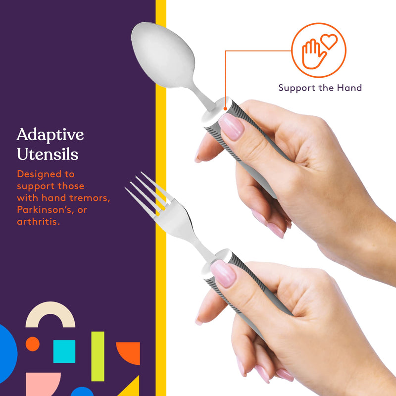 [Australia] - Special Supplies Adaptive Utensils (5-Piece Kitchen Set) Wide, Non-Weighted, Non-Slip Handles for Hand Tremors, Arthritis, Parkinson’s or Elderly Use - Stainless Steel Knives, Fork, Spoons - Grey 