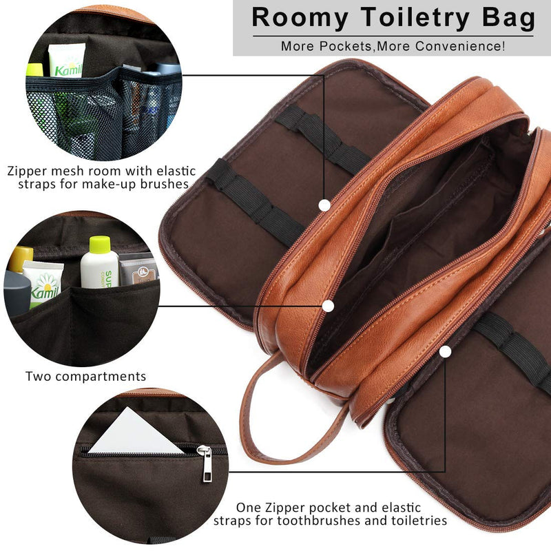 [Australia] - Leather Toiletry Bag for Men, Travel Wash Bag Hanging Makeup Bag Waterproof Gym Shaving Bag Large Capacity Dopp Kit with Sturdy Handle (Brown) Brown 