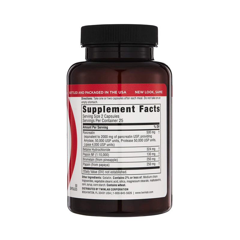 [Australia] - Twinlab Super Enzyme Caps - Digestive Enzymes with Pancreatin, Bromelain and Betaine HCL - Pancreatic Enzymes and Bromelain Supplement for Gut Health, Constipation Relief and Gas Relief, 50 Caps 