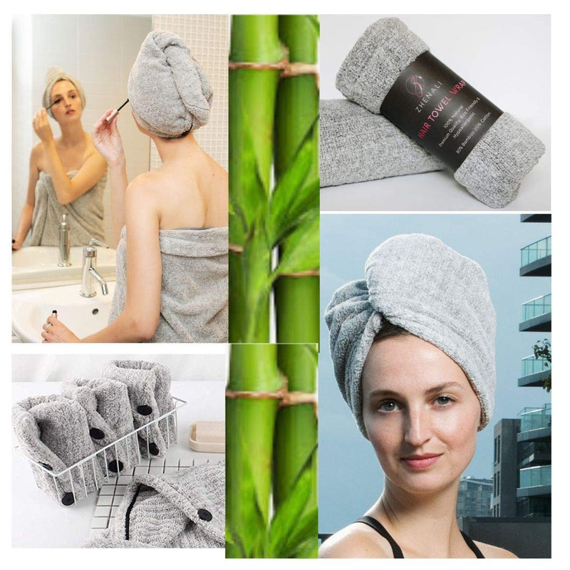 [Australia] - Zhenali Hair Drying Towel Wrap for Women. 2 Pack - Bamboo and Cotton Hair Towel for Drying Your Hair Naturally. Ultra- Soft, Super Absorbent Bath Turban for Thick, Long, Short or Curly Hair. 