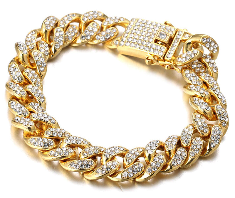 [Australia] - Halukakah Gold Chain for Men Iced Out,14MM/20MM Men's 18k Real Gold Plated/Platinum White Gold Finish Diamond Cuban Link Chain Miami Choker Necklace Bracelet,Full Cz Prong Set,with Giftbox 14MM Gold Plated Bracelet 7.0 Inches 