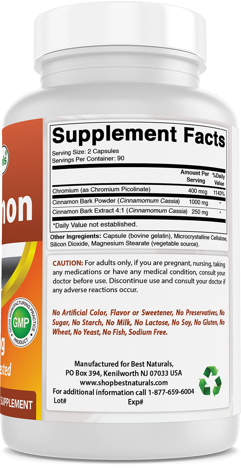 [Australia] - Best Naturals Cinnamon 1000 mg with Chromium 200 mcg 180 Capsules (180 Count (Pack of 1)) 180 Count (Pack of 1) 