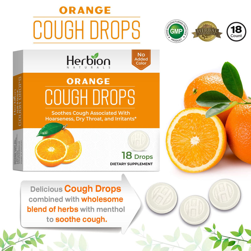 [Australia] - Herbion Naturals Cough Drops with Orange Flavor -18 Ct -Relieves Cough, Soothes Sore Throat & Dry Mouth, For Adults, Children 6 and above 