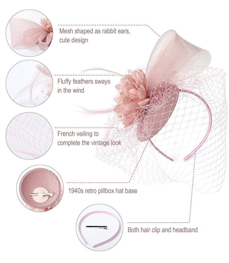 [Australia] - Zivyes Fascinators Hat for Women Pillbox Hat Tea Party Headband Derby Wedding Flower Mesh Veil Fascinator 2-1-nude Pink 