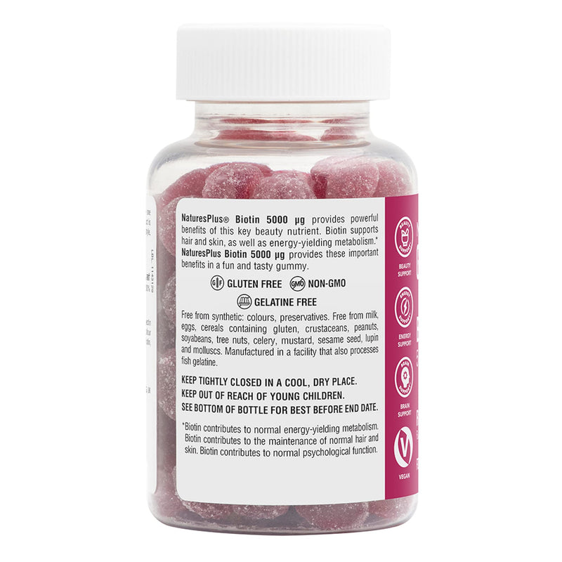[Australia] - NaturesPlus Gummies Biotin Raspberry Flavour - Hair and Skin Support, Brain, Metabolism, Immune, Energy Boost - Vegan, Gluten Free, Non-GMO - 60 Gummies 