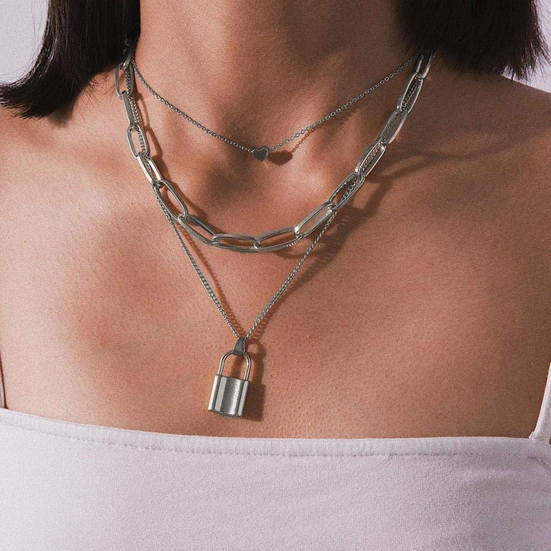 [Australia] - MGGFBLEY Egirl Jewelry Egirl Lock Chain Necklace Statement Lock Key Pendant Necklace Silver Set Eboy Long Multilayer Chains Punk Choker #01 Heart Lock + Heart Chain Necklace (7 Layer) 