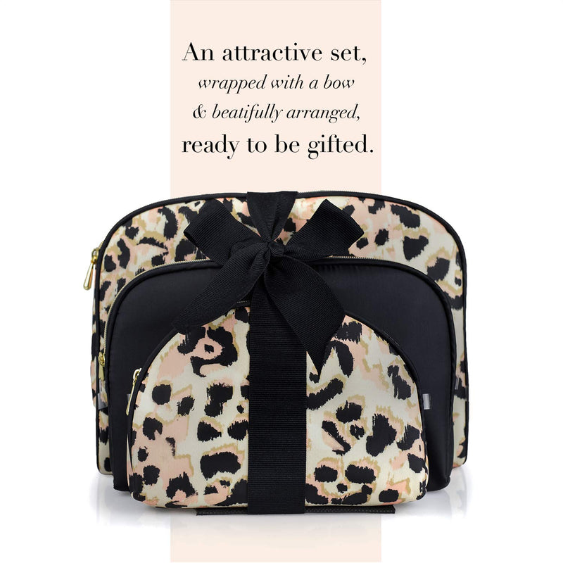 [Australia] - Once Upon A Rose 3 Pc Cosmetic Bag Set, Purse Size Makeup Bag for Women, Toiletry Travel Bag, Makeup Organizer, Cosmetic Bag for Girls Zippered Pouch Set, Large, Medium, Small (Black & Leopard) 