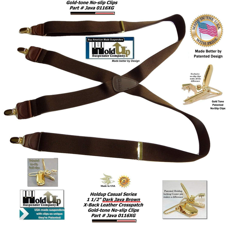 [Australia] - Holdup Suspender Company Casual Series Java Brown X-back Suspenders with Patented No-slip Gold-tone Clips 