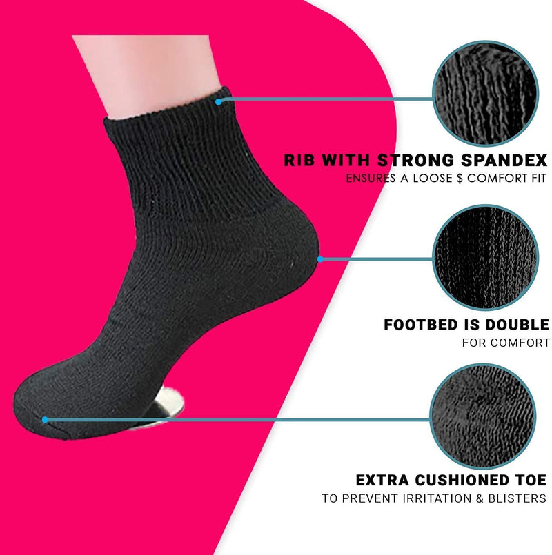 [Australia] - Diabetic Ankle Socks, Non-Binding Circulatory Doctor Approved Cushion Cotton Quarter Socks for Men’s Women’s 3,6,12 Pack 12 Pack Black Men's Women's 9-11/Fits Shoe Size 5-10 