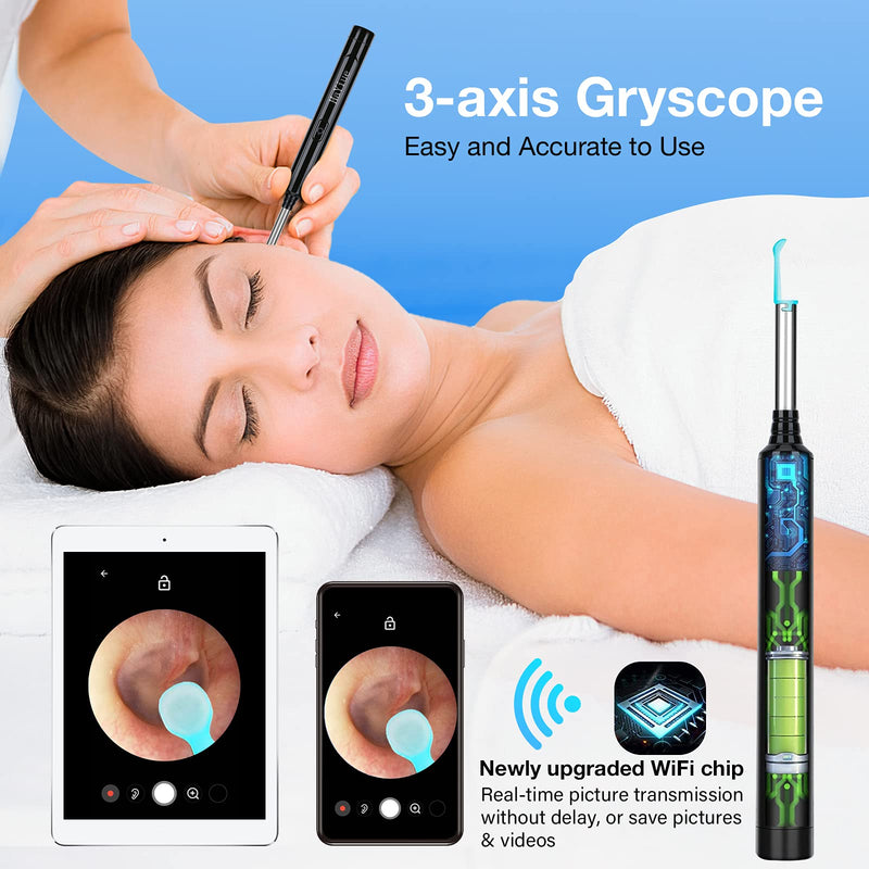 [Australia] - Ear Wax Removal with Camera, Earwax Remover Tool, 1296P FHD Wireless Ear Otoscope with 6 LED Lights, 6 Ear Spoon & 6 Traditional Tools Ear Wax Removal Kit for iPhone, iPad & Android Smart Phone Black 