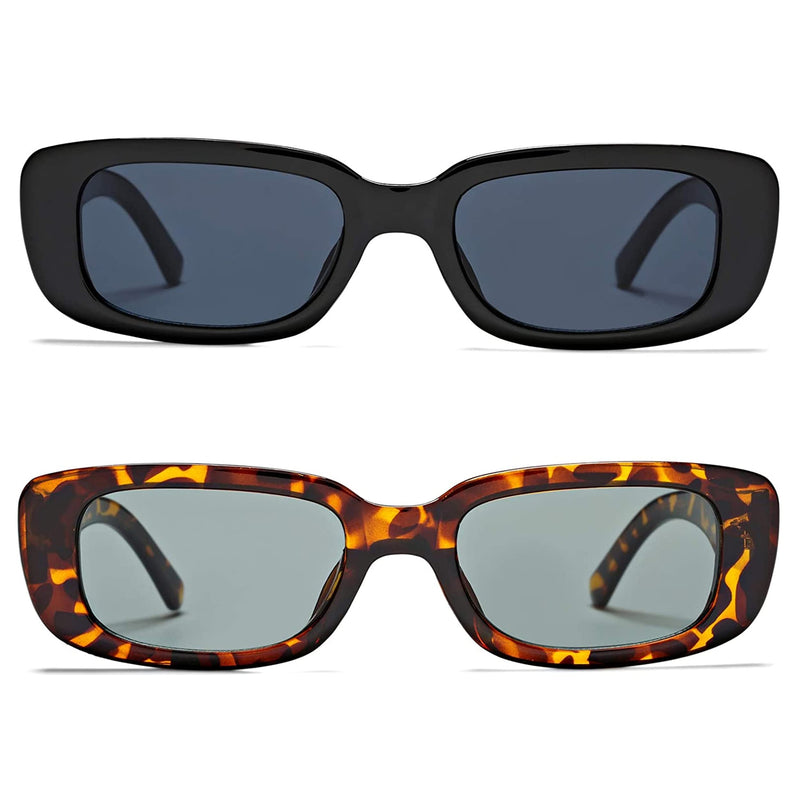 [Australia] - OYMI Rectangle Sunglasses Retro Driving Glasses Narrow Square Frame UV400 Protection Eyewear for Women Men Black Frame Grey Lens + Leopard Frame Dark Green Lens 