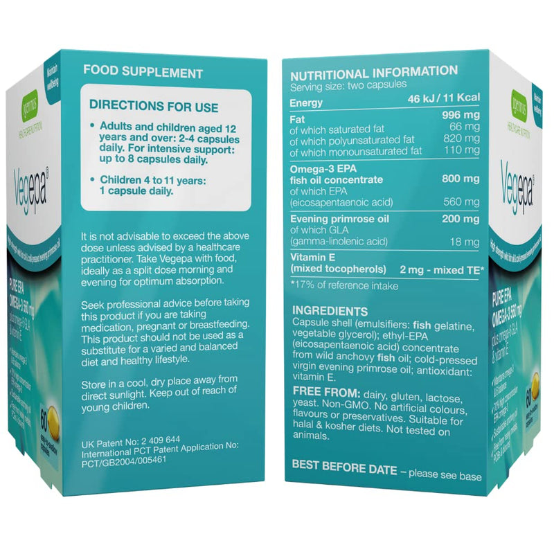 [Australia] - Vegepa Omega-3-6 Essential Fatty Acids, Wild Fish Oil & Evening Primrose Oil, 560mg EPA Omega-3 per Serving, 60 Capsules 