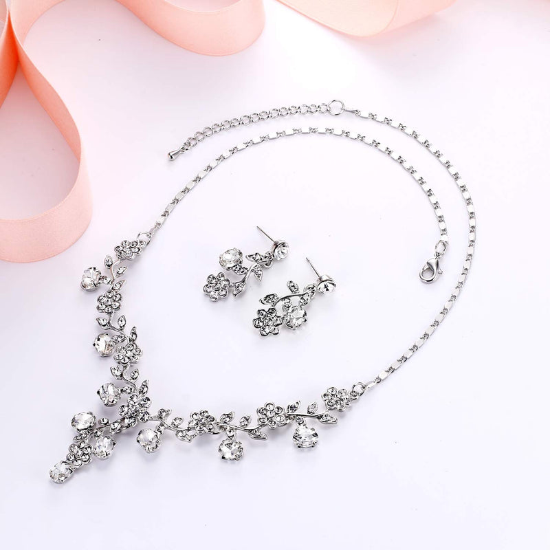 [Australia] - EVER FAITH Flower Leaf Necklace Earrings Set Austrian Crystal 1-Clear Silver-Tone 