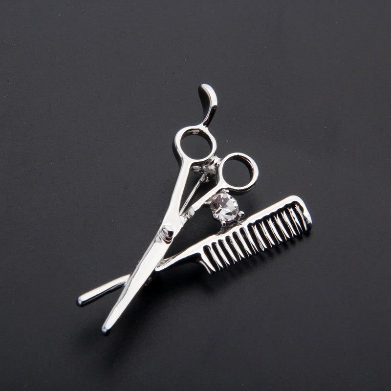 [Australia] - Hair Stylist Scissor and Comb Brooch Pin Hairdresser Gift Silver 