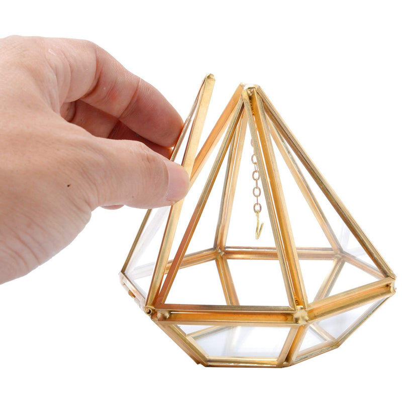 [Australia] - HighFree Glass Vintage Jewelry Ring Display Box Golden Geometric Hanging Prism Ring Holder Pyramid Ring Display Case Keepsake Box Home Decorative Box for Storage Trinket Ring Earring 