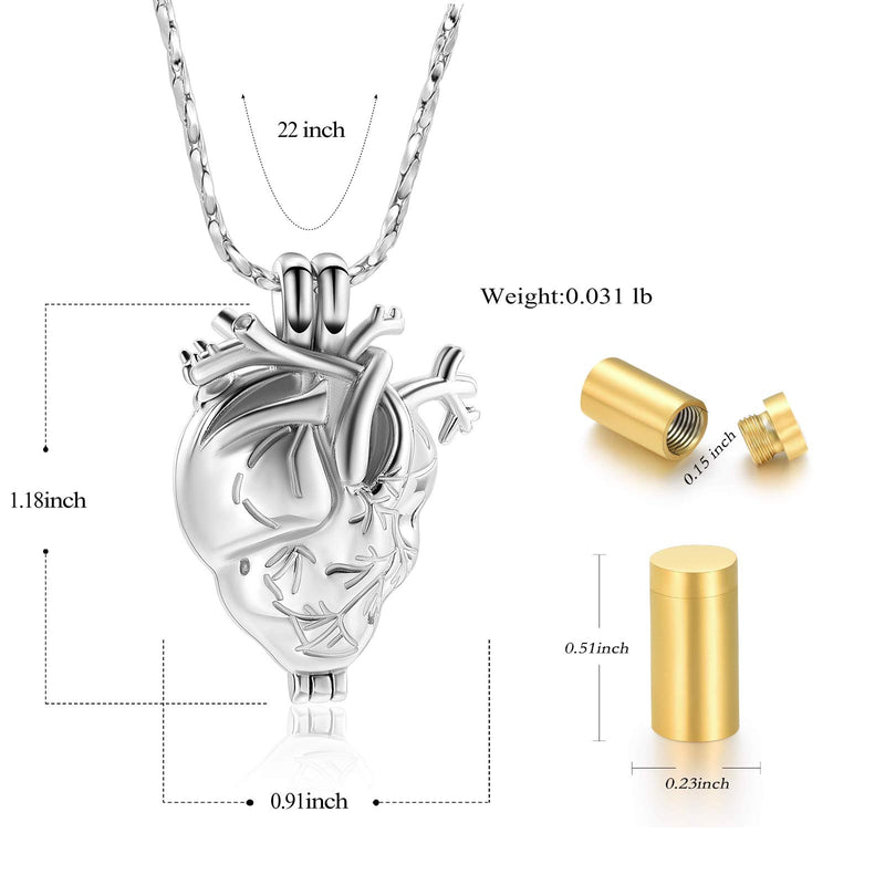 [Australia] - Imrsanl Cremation Jewelry Pendant Necklace for Ashes Holder - Anatomical Heart Urn Necklace for Ashes - Cremation Keepsake Memorial Lockets Silver 