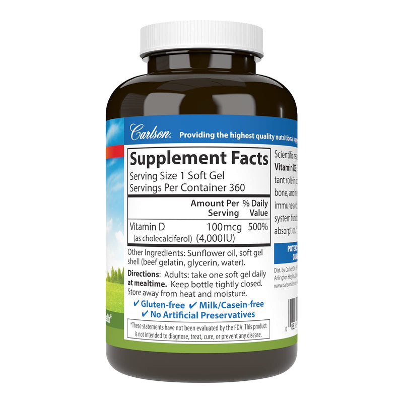 [Australia] - Carlson - Vitamin D3, 4000 IU (100 mcg), Bone & Immune Health, Cholecalciferol Supplement, Gluten Free Vitamin D Capsules, 360 Softgels 