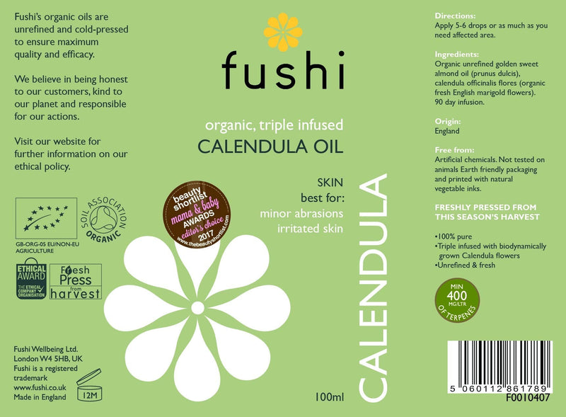 [Australia] - Fushi Organic Calendula Oil 100ml | Fresh-Pressed & Triple Infused for 3 Months | Best for Minor Abrasions, Irritated Skin, Skin Healing | Anti-inflammatory | Oil for Babies | Vegan, Made in the UK 
