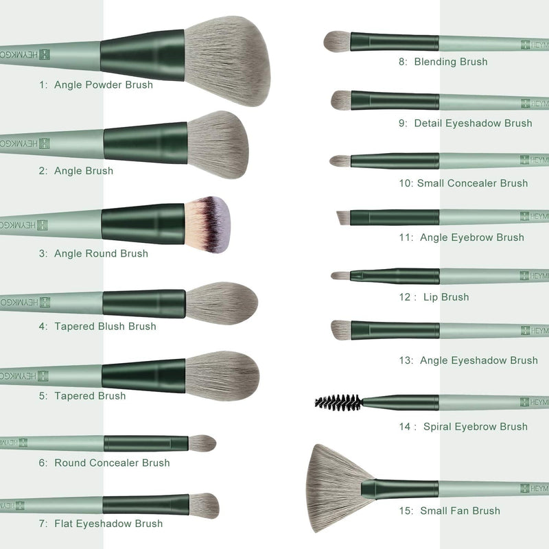 [Australia] - Makeup Brushes HEYMKGO 15pcs Makeup Brush Set Premium Synthetic Bristles Green Color Conical Handle Kabuki Foundation Brush Face Lip Eye Makeup Sets Professional with Portable Drawstring Flannel Bag 