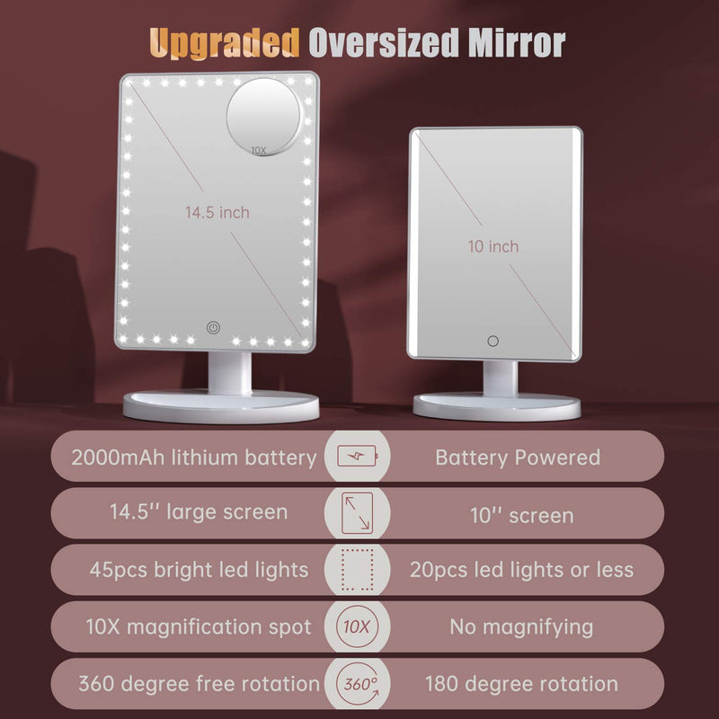 [Australia] - Rechargeable Lighted Makeup Vanity mirror with 45 LED Lights, Funtouch Large Light Up Mirror, 10X Magnification Touch Screen, 360° Rotation Portable Tabletop Desk Cosmetic illuminated Mirror(White) … White 