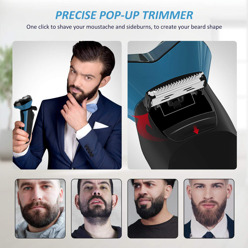 [Australia] - Aesfee Electric Shavers for Men IPX7 Waterproof Wet and Dry, Mens Electric Razors Cordless USB Rechargeable Rotary Shaver with Pop-up Trimmer and Travel Lock, Blue 