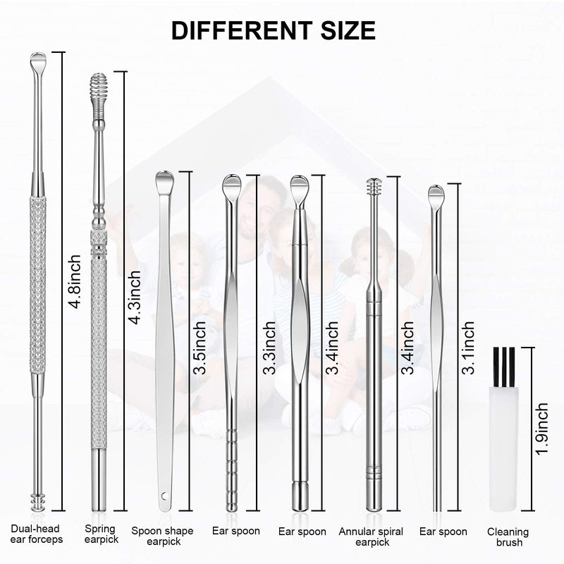 [Australia] - 8Pcs Ear Pick Ear Wax Removal Kit, Earwax Removal Tool, Ear Cleansing Set, Ear Curette Ear Wax Remover Tools with a Cleaning Brush and Storage Box, Medical Grade, for Ear Adult and Kid, Silver 