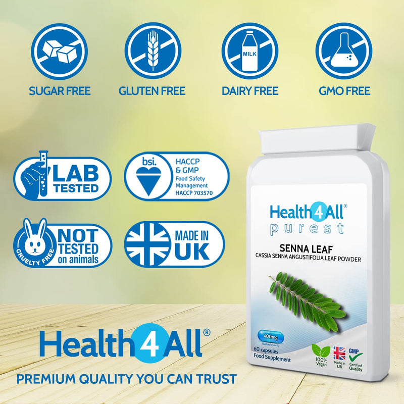 [Australia] - Senna Leaf 400mg 60 Capsules (V) (not Tablets) Purest: no additives. Natural Vegan Herbal Overnight Relief. Made in The UK by Health4All 60 Count (Pack of 1) 