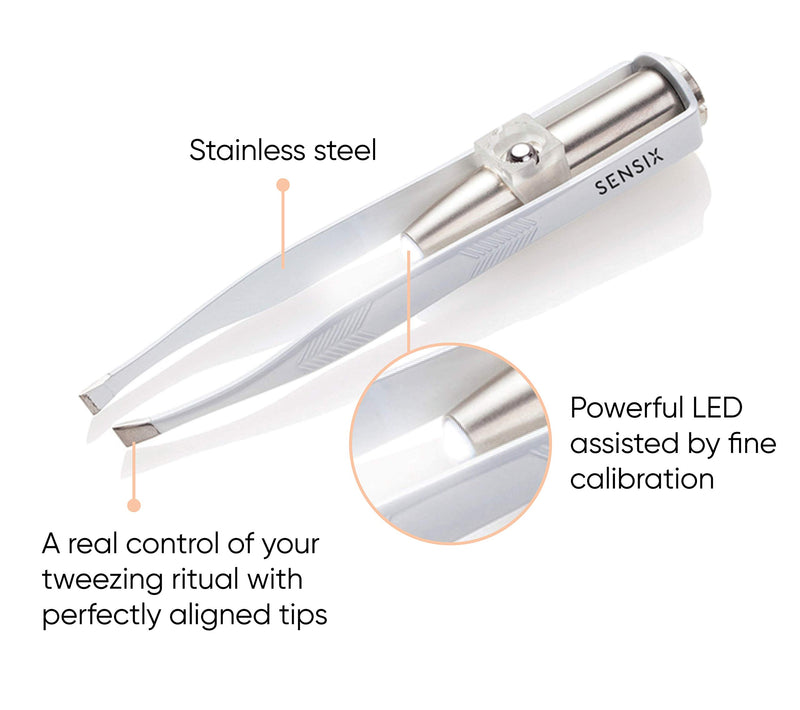 [Australia] - Sensica Lumi Tweezers – Precision Tweezers With Light For Men And Women. Slant Tip With Point For A Professional Tweezing Experience [eyebrows, Nose, Lip, Hair Removal] Led Light Stainless Steel 