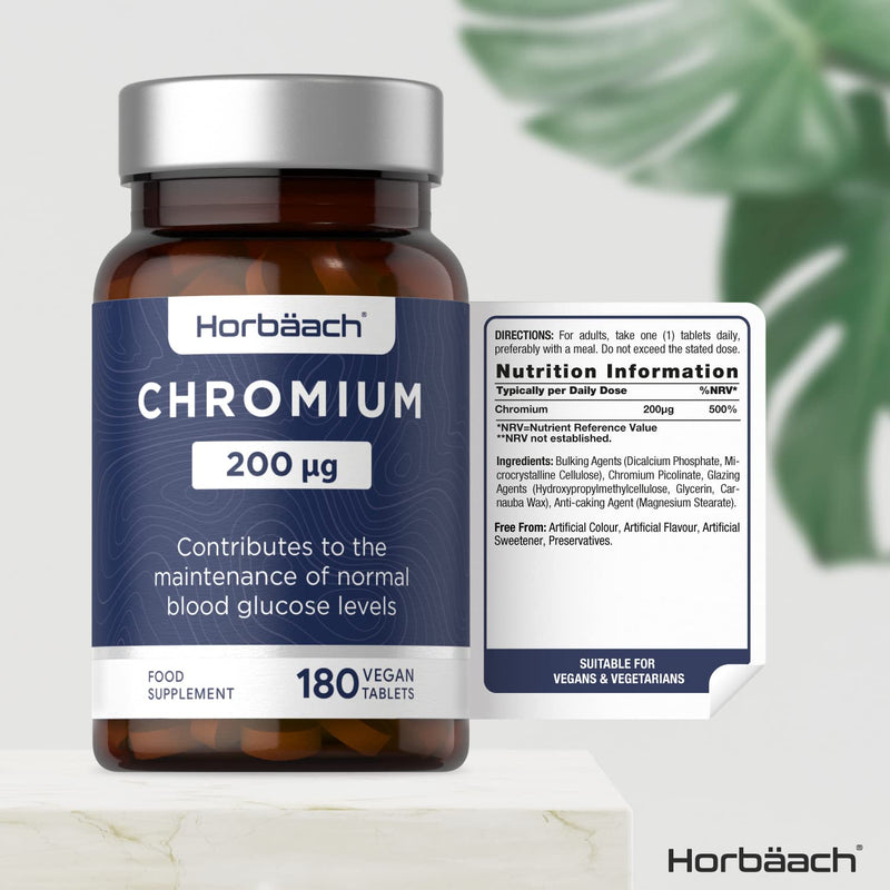 [Australia] - Chromium Picolinate 200ug | 180 Vegan Tablets | Maintenance of Normal Blood Sugar Levels & Macronutrient Metabolism | Non -GMO, Gluten Free Supplement 