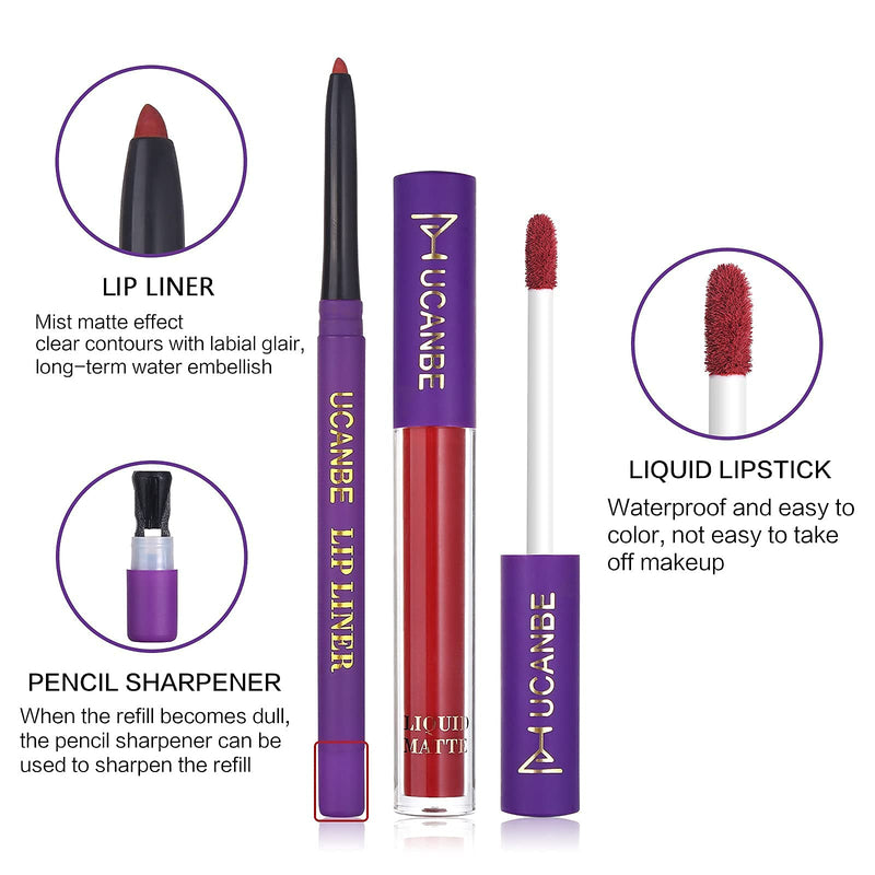 [Australia] - UCANBE 13pcs Lady's Night Lipstick Makeup Set, 6 Velvety Matte Liquid Lipsticks + 6 Matching Smooth Lipliner Pencil + 1 Moisturizing Lip Gloss Primer, Waterproof Long Lasting Lip Make Up Gift Kit 