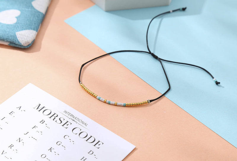 [Australia] - RareLove BFF Morse Code Beaded Bracelet Long Distance Relationships Friendship Gifts for Best Friends Waterproof Gold Blue White Tiny Pony Seed Beads Black String 