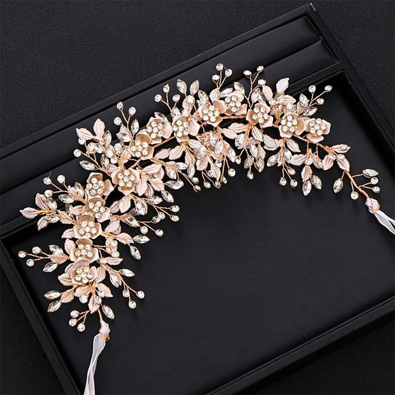 [Australia] - Anglacesmade Bridal Headband Leaves and Flower Hair Vine Crystal Tiara Crown for Wedding Hair Accessories for Women and Girls (Gold) Gold 